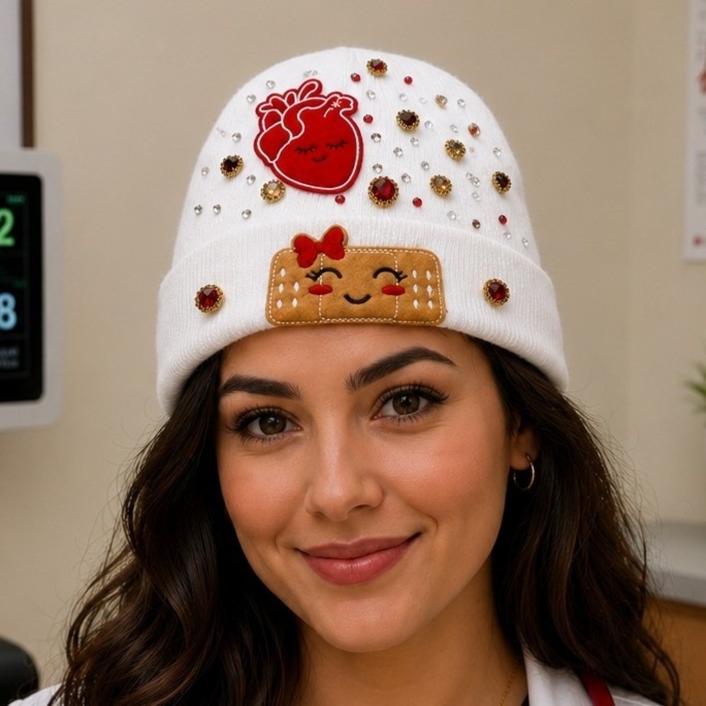 Nurse Beanie White design with Heart, Band-aid‎ and red, clear, black rhinestone